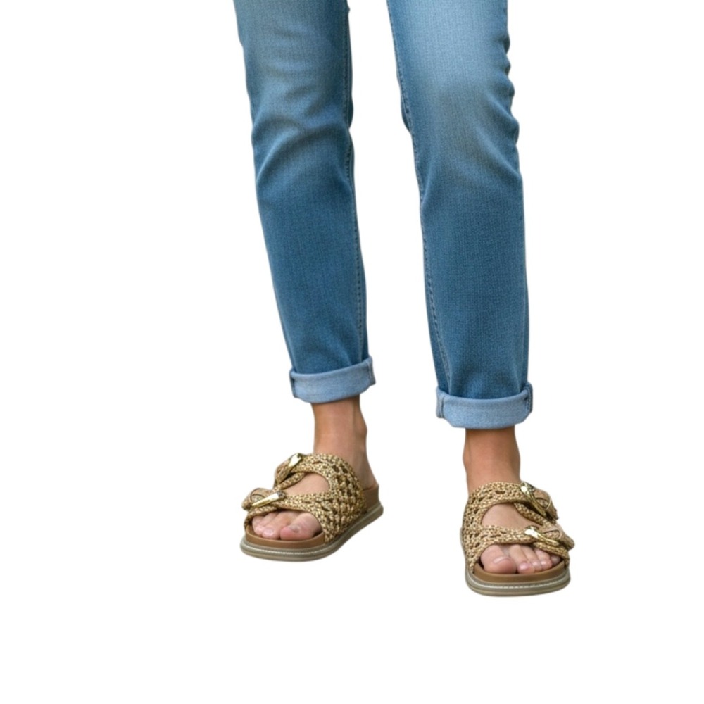 Womens Gold Woven Double Strap Slide Sandals Buckle Detail‎ Flat Comfort Shoes